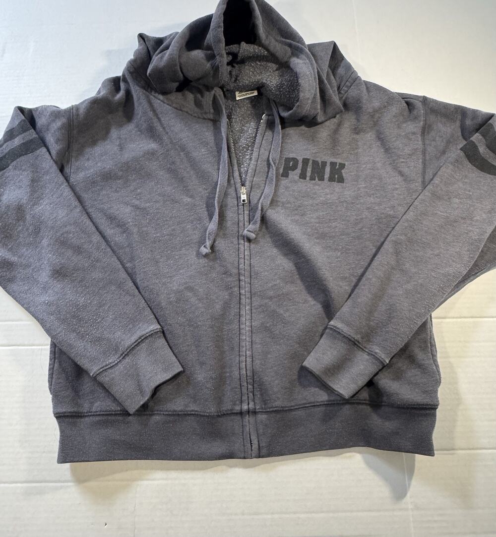 PINK Victoria’s Secret PINK Women’s Fleece Full Zip Hoodie Pockets Logo Gray S
